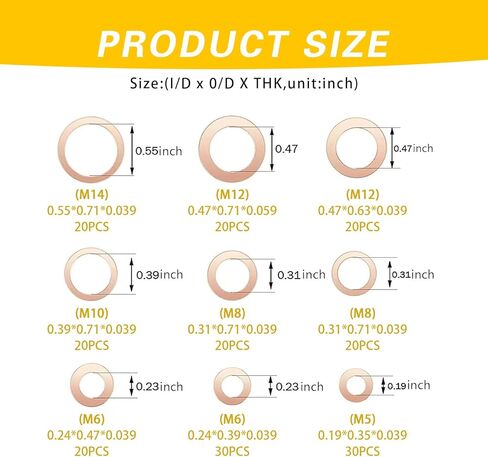 200 PCS Copper Washers, M5 M6 M8 M10 M12 M14 Crushed Leak-proof Sealing Flated Gaskets Assortment Set, High Temperature Resistance Oil Pan Plug Sealing Gaskets, for Most Cars Trucks (Gold) in Kuwait