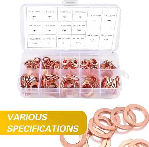 200 PCS Copper Washers, M5 M6 M8 M10 M12 M14 Crushed Leak-proof Sealing Flated Gaskets Assortment Set, High Temperature Resistance Oil Pan Plug Sealing Gaskets, for Most Cars Trucks (Gold) in Kuwait