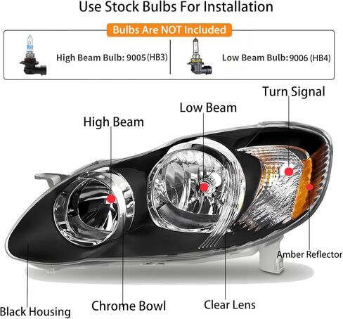 2pcs Headlight Assembly Set For 2003 2004 2005 2006 2007 2008 Toyota Corolla CE LE S Replacement Headlamps Driver and Passenger Side Matte Black Housing Amber Reflector Clear lens(LH&RH) in Saudi Arabia