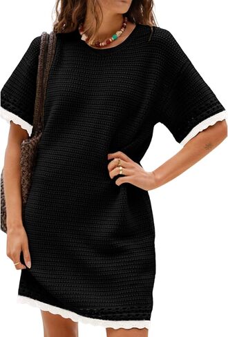 فستان Huaqiao نسائي قصير الأكمام منسوج من الكروشيه، فستان قصير برقبة دائرية، بلوفر للشاطئ، غطاء للسباحة in Kuwait