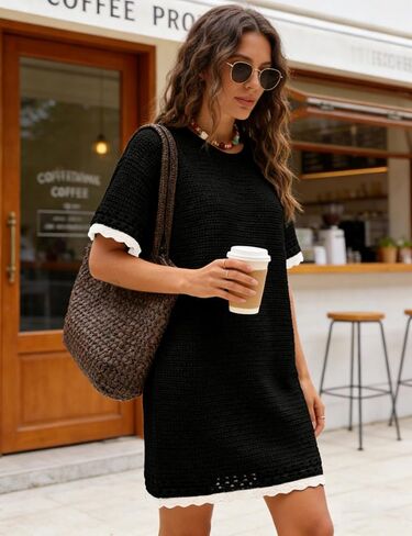 Huaqiao Women Short Sleeve Crochet Knit Dress Color Block Crew Neck Mini Dress Pullover Beach Swim Cover up in Saudi Arabia