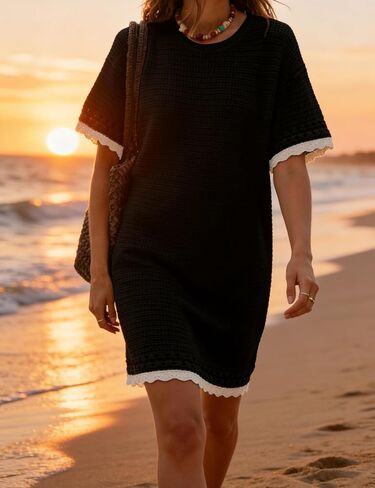 Huaqiao Women Short Sleeve Crochet Knit Dress Color Block Crew Neck Mini Dress Pullover Beach Swim Cover up in Saudi Arabia