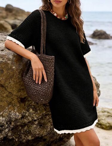 Huaqiao Women Short Sleeve Crochet Knit Dress Color Block Crew Neck Mini Dress Pullover Beach Swim Cover up in Saudi Arabia