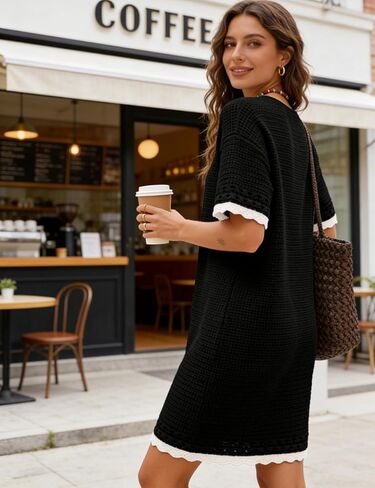 Huaqiao Women Short Sleeve Crochet Knit Dress Color Block Crew Neck Mini Dress Pullover Beach Swim Cover up in Saudi Arabia
