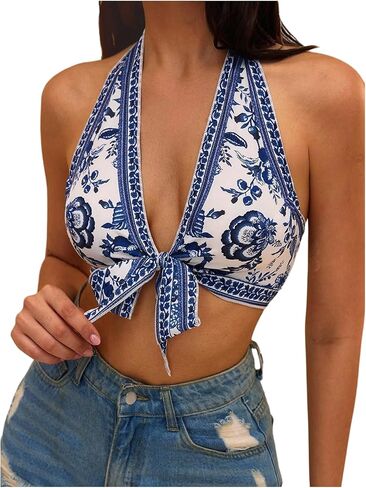 OYOANGLE Women's Bohemian Floral Graphic Halter Top Knot Front Backless Bikini Cover Up Tops in Saudi Arabia