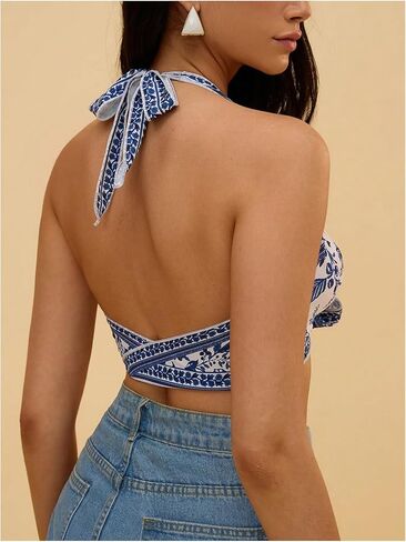 OYOANGLE Women's Bohemian Floral Graphic Halter Top Knot Front Backless Bikini Cover Up Tops in Saudi Arabia
