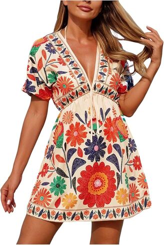 GORGLITTER Women's Floral Tropical Sun Dress Boho Swimsuit Coverup Bikini Bathing Suit Beach Cover Ups Resort Outfits in Saudi Arabia
