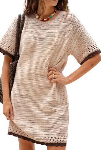 Huaqiao Women Short Sleeve Crochet Knit Dress Color Block Crew Neck Mini Dress Pullover Beach Swim Cover up in Saudi Arabia