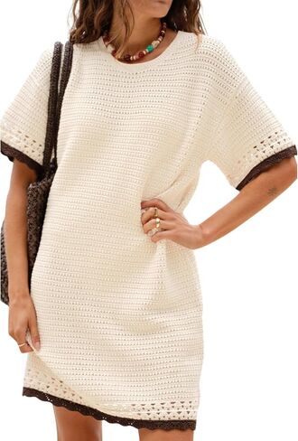 Huaqiao Women Short Sleeve Crochet Knit Dress Color Block Crew Neck Mini Dress Pullover Beach Swim Cover up in Saudi Arabia