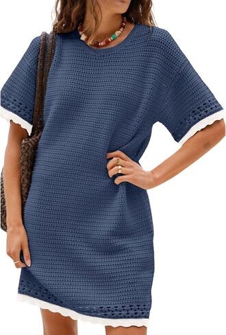 Huaqiao Women Short Sleeve Crochet Knit Dress Color Block Crew Neck Mini Dress Pullover Beach Swim Cover up in Saudi Arabia