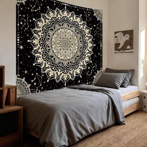 أفينيل بوهو الأسود ماندالا نسيج الجدار شنقا لغرفة النوم، خمر المفروشات السقف الهندي البوهيمي، علم التنجيم كوكبة الفضاء ديكور الحائط لغرفة المعيشة 60in × 51in in Kuwait