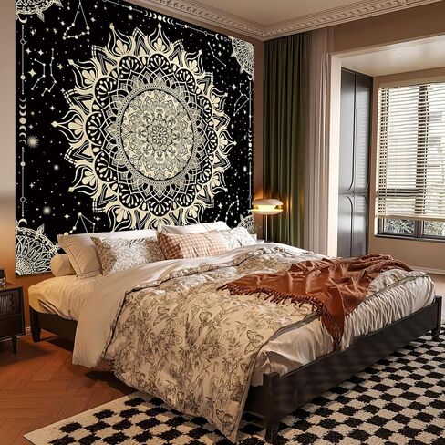 أفينيل بوهو الأسود ماندالا نسيج الجدار شنقا لغرفة النوم، خمر المفروشات السقف الهندي البوهيمي، علم التنجيم كوكبة الفضاء ديكور الحائط لغرفة المعيشة 60in × 51in in Kuwait