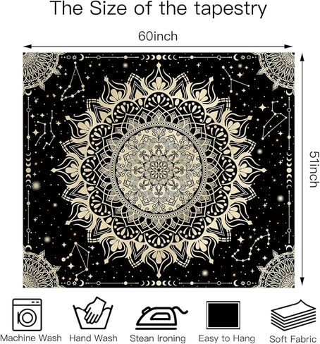أفينيل بوهو الأسود ماندالا نسيج الجدار شنقا لغرفة النوم، خمر المفروشات السقف الهندي البوهيمي، علم التنجيم كوكبة الفضاء ديكور الحائط لغرفة المعيشة 60in × 51in in Kuwait