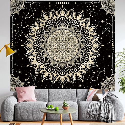 أفينيل بوهو الأسود ماندالا نسيج الجدار شنقا لغرفة النوم، خمر المفروشات السقف الهندي البوهيمي، علم التنجيم كوكبة الفضاء ديكور الحائط لغرفة المعيشة 60in × 51in in Kuwait