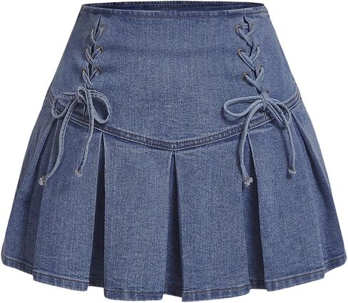 تنورة SweatyRocks النسائية ذات المقاس الكبير برباط من الأمام وخصر عالٍ وطيات على شكل حرف A من قماش الدنيم الصغير in Kuwait