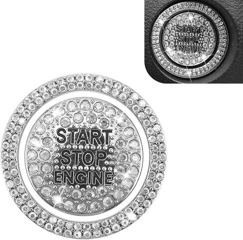 2 PCS Bling Rhinestone Start Button Cover, Sparkling Push Start Decal, Car Engine Start Stop Button Decorative Ring, Universal Car Accessories for Women (White) in Saudi Arabia