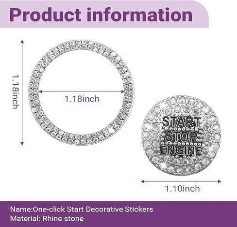 2 PCS Bling Rhinestone Start Button Cover, Sparkling Push Start Decal, Car Engine Start Stop Button Decorative Ring, Universal Car Accessories for Women (White) in Saudi Arabia