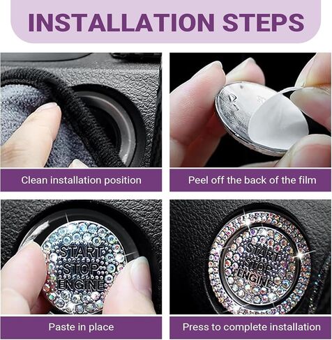 2 PCS Bling Rhinestone Start Button Cover, Sparkling Push Start Decal, Car Engine Start Stop Button Decorative Ring, Universal Car Accessories for Women (White) in Saudi Arabia