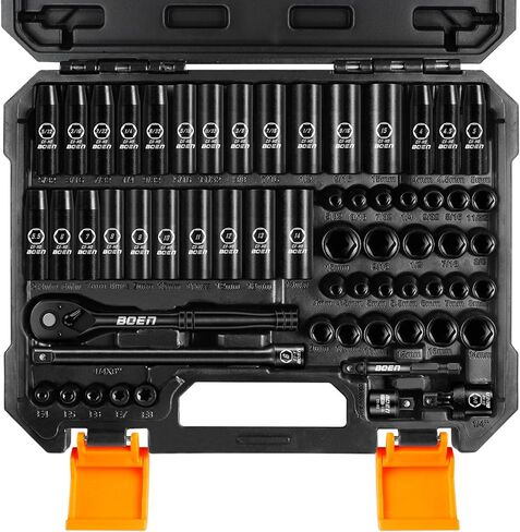 BOEN 1/4" Drive Impact Socket Set, 60-Piece Standard SAE (5/32"-9/16") & Metric (4-15mm), Cr-Mo Deep & Shallow Kit, Includes Ratchet Handle,E-torx sockets, Reducer, Extension Bar, Universal Joint in Saudi Arabia