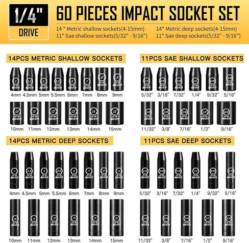 BOEN 1/4" Drive Impact Socket Set, 60-Piece Standard SAE (5/32"-9/16") & Metric (4-15mm), Cr-Mo Deep & Shallow Kit, Includes Ratchet Handle,E-torx sockets, Reducer, Extension Bar, Universal Joint in Saudi Arabia