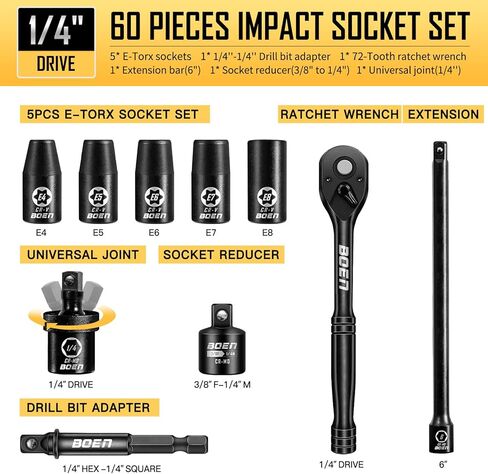 BOEN 1/4" Drive Impact Socket Set, 60-Piece Standard SAE (5/32"-9/16") & Metric (4-15mm), Cr-Mo Deep & Shallow Kit, Includes Ratchet Handle,E-torx sockets, Reducer, Extension Bar, Universal Joint in Saudi Arabia