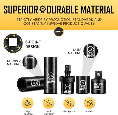 BOEN 1/4" Drive Impact Socket Set, 60-Piece Standard SAE (5/32"-9/16") & Metric (4-15mm), Cr-Mo Deep & Shallow Kit, Includes Ratchet Handle,E-torx sockets, Reducer, Extension Bar, Universal Joint in Saudi Arabia
