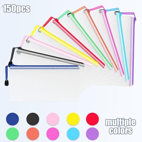 Tdfronien 150 حزمة صغيرة الحقيبة قلم رصاص الحقيبة السائبة، شبكة أكياس الحقيبة سستة، حامل واضح مستحضرات التجميل حقائب ماكياج الملحقات حقيبة تخزين للمكتب، بيل، السفر المدرسة (10 ألوان) in Kuwait