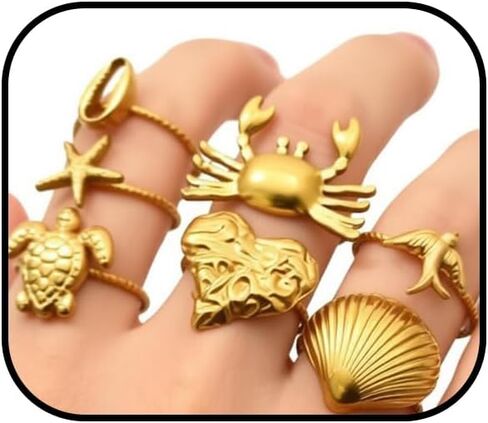 Gold Seashell Starfish Ring Set, 7 Pcs Beach Summer Chunky Stackable Beachy Wave Non Tarnish Stainless Steel Adjustable Dainty Statement Rings Holiday Jewelry Gift in Kuwait