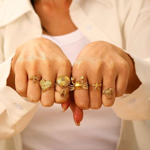 Gold Seashell Starfish Ring Set, 7 Pcs Beach Summer Chunky Stackable Beachy Wave Non Tarnish Stainless Steel Adjustable Dainty Statement Rings Holiday Jewelry Gift in Kuwait