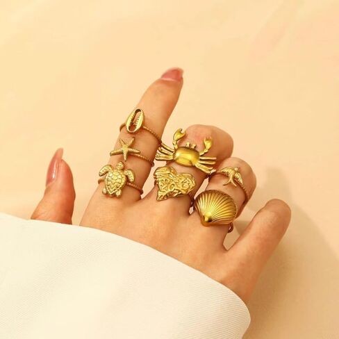 Gold Seashell Starfish Ring Set, 7 Pcs Beach Summer Chunky Stackable Beachy Wave Non Tarnish Stainless Steel Adjustable Dainty Statement Rings Holiday Jewelry Gift in Kuwait