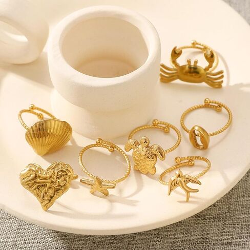 Gold Seashell Starfish Ring Set, 7 Pcs Beach Summer Chunky Stackable Beachy Wave Non Tarnish Stainless Steel Adjustable Dainty Statement Rings Holiday Jewelry Gift in Kuwait