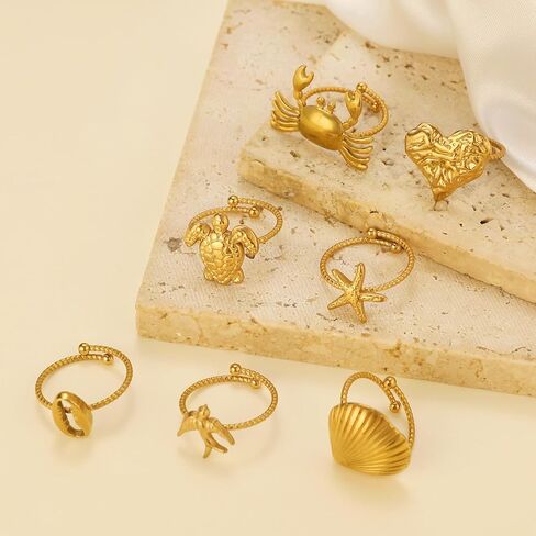 Gold Seashell Starfish Ring Set, 7 Pcs Beach Summer Chunky Stackable Beachy Wave Non Tarnish Stainless Steel Adjustable Dainty Statement Rings Holiday Jewelry Gift in Kuwait