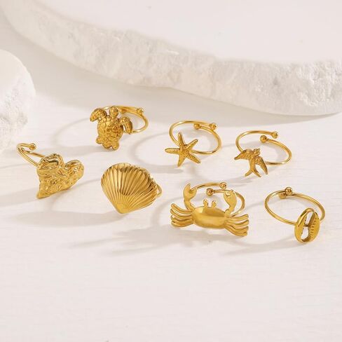 Gold Seashell Starfish Ring Set, 7 Pcs Beach Summer Chunky Stackable Beachy Wave Non Tarnish Stainless Steel Adjustable Dainty Statement Rings Holiday Jewelry Gift in Kuwait