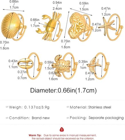 Gold Seashell Starfish Ring Set, 7 Pcs Beach Summer Chunky Stackable Beachy Wave Non Tarnish Stainless Steel Adjustable Dainty Statement Rings Holiday Jewelry Gift in Kuwait
