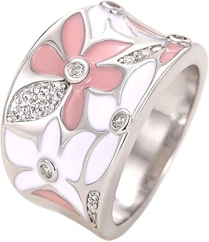 خاتم بيان الأزهار، مطلي بالذهب الأبيض، زهور المينا الوردي والأبيض، خاتم إبداعي واسع الجوانب للنساء in Kuwait