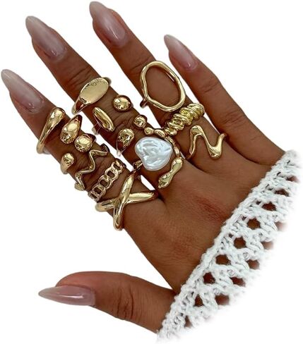 Stacking Chunky Gold Baroque Pearl Rings, Punk Y2k Vintage Irregular Geometric Knuckle Ring for Women Trendy Statement Party Prom Charm Jewelry Non Tarnish in Kuwait