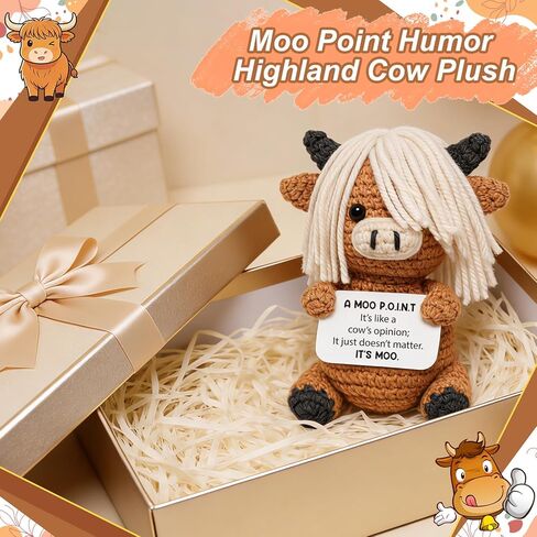 ديكور كروشيه بقرة المرتفعات الساخرة - هدية ديكور مكتب مضحكة "A Moo Point" لأصدقاء زملاء العمل - إكسسوار مكتب مكتب مصنوع يدويًا، هدية عيد ميلاد على شكل فيل أبيض in Kuwait