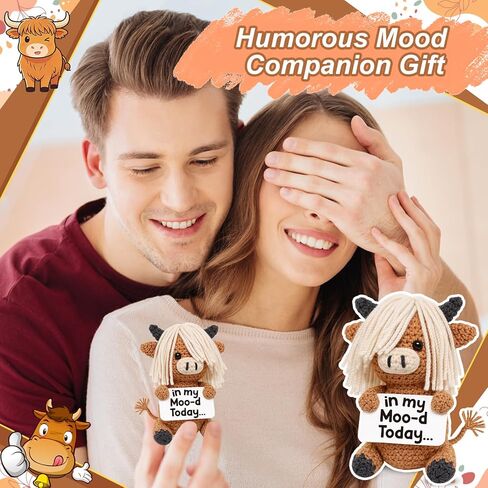 ديكور مكتب كروشيه بقرة هايلاند المضحكة - "In My Moo-d Today" هدية مكتب لطيفة لزملاء العمل والنساء والرجال - قطيفة مزاج المزرعة لمكتب العمل، وأعياد الميلاد، وحشو سلة عيد الفصح على شكل فيل أبيض in Kuwait
