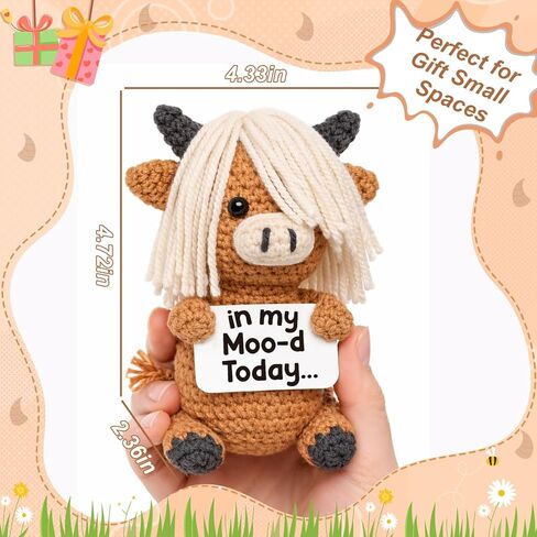 ديكور مكتب كروشيه بقرة هايلاند المضحكة - "In My Moo-d Today" هدية مكتب لطيفة لزملاء العمل والنساء والرجال - قطيفة مزاج المزرعة لمكتب العمل، وأعياد الميلاد، وحشو سلة عيد الفصح على شكل فيل أبيض in Kuwait