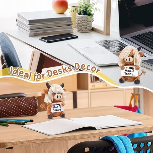 ديكور مكتب كروشيه بقرة هايلاند المضحكة - "In My Moo-d Today" هدية مكتب لطيفة لزملاء العمل والنساء والرجال - قطيفة مزاج المزرعة لمكتب العمل، وأعياد الميلاد، وحشو سلة عيد الفصح على شكل فيل أبيض in Kuwait