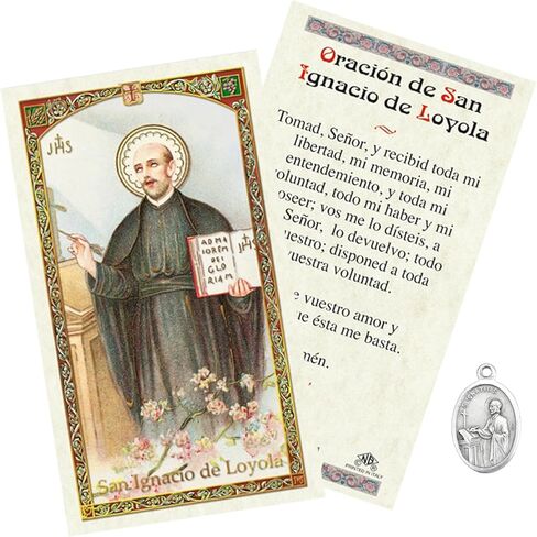 Trendzeen San Ignacio de Loyola Oracion - Saint Ignatius de Loyola Medalla - مجموعة بطاقات صلاة وقلادة سانت إغناتيوس لويولا الإسبانية، صنع في إيطاليا - عنصران in Saudi Arabia