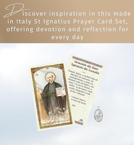 Trendzeen San Ignacio de Loyola Oracion - Saint Ignatius de Loyola Medalla - مجموعة بطاقات صلاة وقلادة سانت إغناتيوس لويولا الإسبانية، صنع في إيطاليا - عنصران in Saudi Arabia
