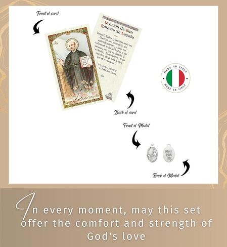 Trendzeen San Ignacio de Loyola Oracion - Saint Ignatius de Loyola Medalla - مجموعة بطاقات صلاة وقلادة سانت إغناتيوس لويولا الإسبانية، صنع في إيطاليا - عنصران in Saudi Arabia