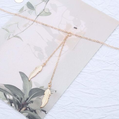 Vintage Long Feather Drop Y Necklace Gold Chain Tassel Y Lariat Necklace Long Feather Necklace Bird Feather Necklace Statement Choker Necklace for Women in Kuwait