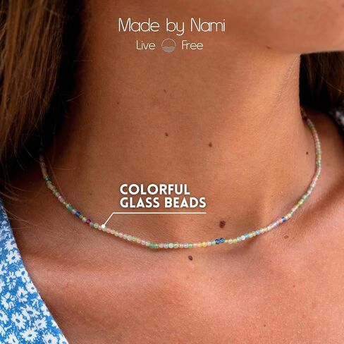 قلادة من الخرز الزجاجي الملون مصنوعة بواسطة نامي، قلادة أنيقة مطرزة بالخرز للنساء، قابلة للتعديل مقاس 40.64 سم + 2 بوصة، هدية مجوهرات من خرز بذور قوس قزح الباستيل البسيط in Kuwait