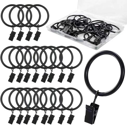 20 Pack Curtain Rings with Clips, Black Curtain Clip Rings Hooks Hangers for Hanging Drapery Drapes Bows, 1.5 Inch Interior Diameter Curtain Rod Rings in Kuwait