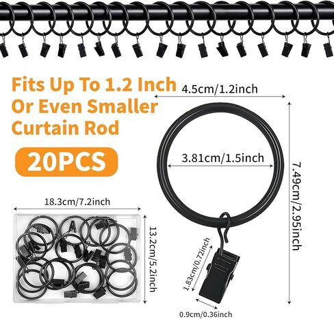 20 Pack Curtain Rings with Clips, Black Curtain Clip Rings Hooks Hangers for Hanging Drapery Drapes Bows, 1.5 Inch Interior Diameter Curtain Rod Rings in Kuwait