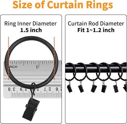 20 Pack Curtain Rings with Clips, Black Curtain Clip Rings Hooks Hangers for Hanging Drapery Drapes Bows, 1.5 Inch Interior Diameter Curtain Rod Rings in Kuwait