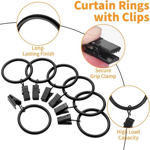 20 Pack Curtain Rings with Clips, Black Curtain Clip Rings Hooks Hangers for Hanging Drapery Drapes Bows, 1.5 Inch Interior Diameter Curtain Rod Rings in Kuwait