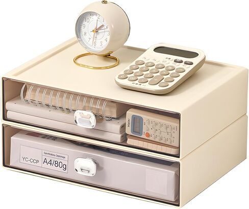 أدراج مكتب واسعة، منظم سطح المكتب قابل للتكديس، صندوق تخزين بلاستيكي للمكتب والمدرسة واللوازم المنزلية (1 درج متوسط ​​و2 صغير، كريمي) in Kuwait